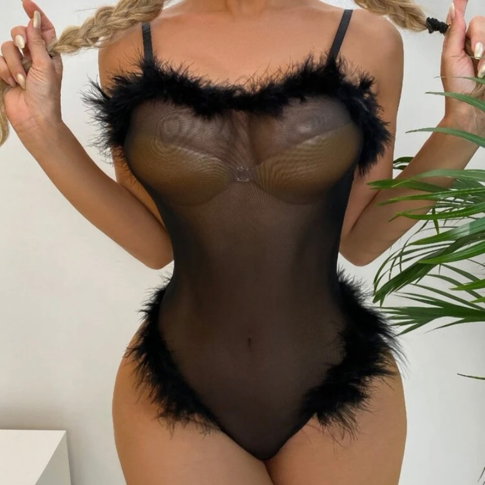Contrast fur sheer mesh bodysuit